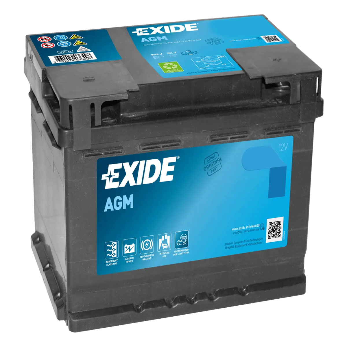 Акумулятор EXIDE START-STOP AGM 60Ач, 680А, 175/242/190, 12V, -/+